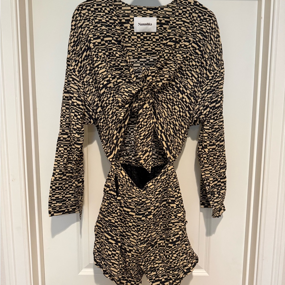 Nanushka Black and Beige Abstract Print Jumpsuit